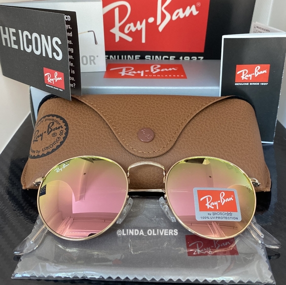 FREE SHIPPING RayBan Round Metal RB3447 Pink Lens Gold Frame